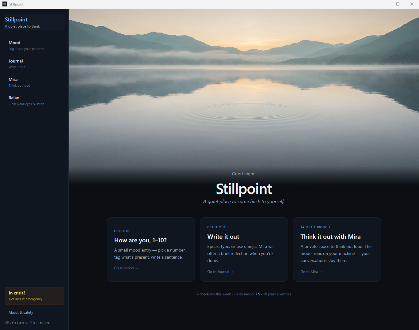 Stillpoint home screen: a calm misty lake with quick ways to check in, journal, and think with Mira