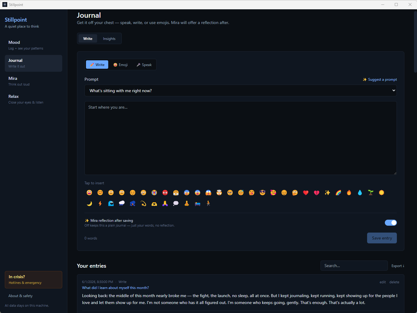 The journal writing screen with prompt, emoji picker, and an optional Mira reflection toggle